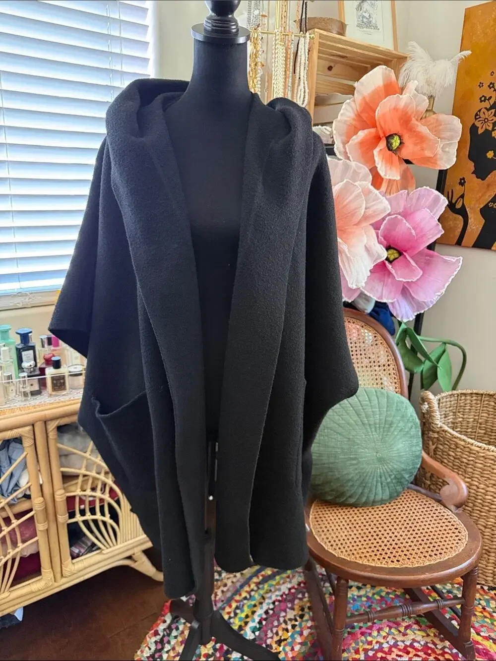 Free People All I Need Black Open Front Hooded Boho Witchy Cloak Cardi Duster